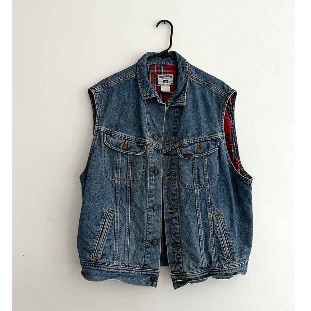 Vintage Lee Denim Vest L | Red Flannel Lined | 80s 90s Trucker Western Biker